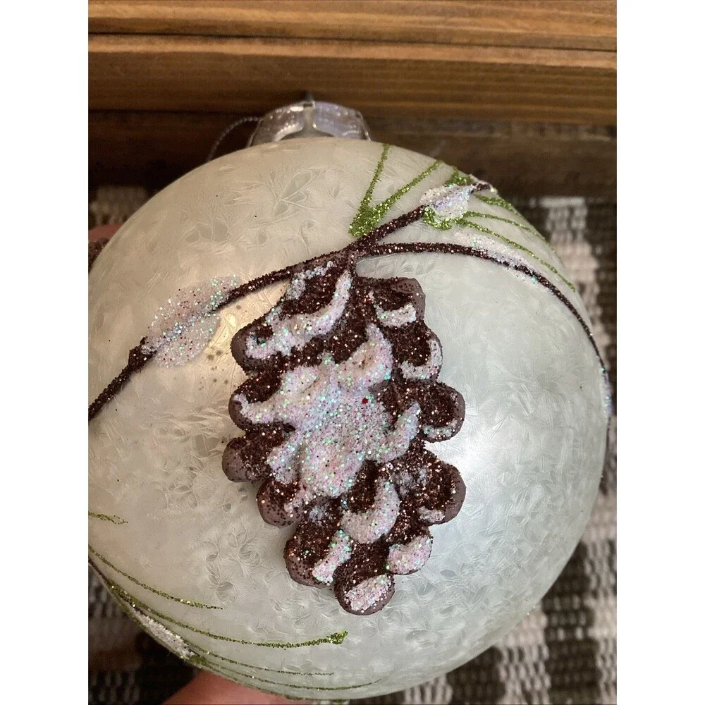 Beautiful White Glittery Christmas Large Glass Ball Ornament With Pine Cones
